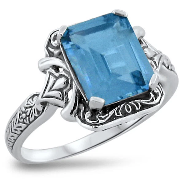 ANILLO AGUAMARINA SIMULADA DISEÑO VICTORIANO PLATA 925 ESTILO CLÁSICO 4 CT 306Z Foto 1 de 1
