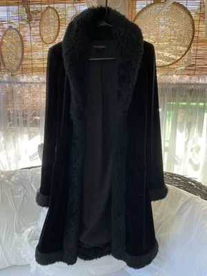 Betsey Johnson Faux Fur Trim Textured Coat Small Black Vintage 90s Y2K Rare HTF - Image 1 of 4