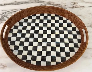 Mackenzie Childs Courtly Check Enamel & Rattan Tray Party size 19.5" X 25.5" - Picture 1 of 7