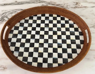 Mackenzie Childs Courtly Check Enamel & Rattan Tray Party size 19.5" X 25.5" - Image 1 of 4