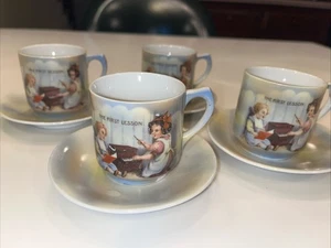 RARE SET Children’s 4 Cups & 4 Saucers “The First Lesson” Made In Germany #289 - Picture 1 of 13