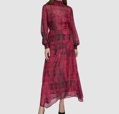 Maxi Vestido Halston Mujeres Rojo Cuello Simulado Manga Larga Gasa Asimétrico Dobladillo Talla 12 Foto 1 de 2