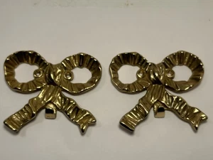 Vintage Brass Bow Hooks Wall Hangers Hooks Solid Brass Ribbon Set Of 2 - Picture 1 of 7