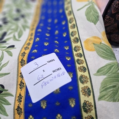 French Country Fabric  Olives Blue Yellow Border Prewashed 3 Yards x 62 Inches - Image 1 of 3