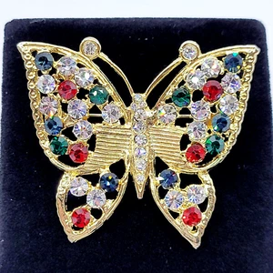 Butterfly Gold Tone Open Metal Multi Color Crystal Rhinestone Sparkly Brooch Pin - Picture 1 of 24
