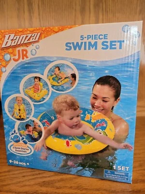 Banzai Jr 5 Piece Swim Set Float Vest Kick Board Ring Arm Bands New