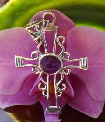 KX Ciondolo Croce Celtica Celti Argento Sterling 925 Pietra Lilla Ametista - Immagine 1 di 4