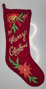 Medias Campanas Vintage Feliz Navidad 21" Poinsettia Oro Escritura Bordada - Imagen 1 de 5