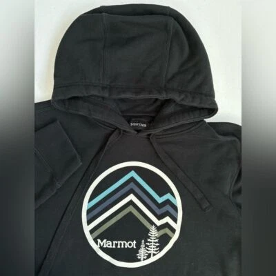 Sudadera para mujer Marmot mediana negra gráfica montañas manga larga con cordón Foto 1 de 4