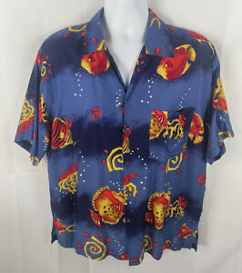 VTG Hawaiian Jammin Shirt By Basix All Over Fish Print Men's Medium 100% Rayon