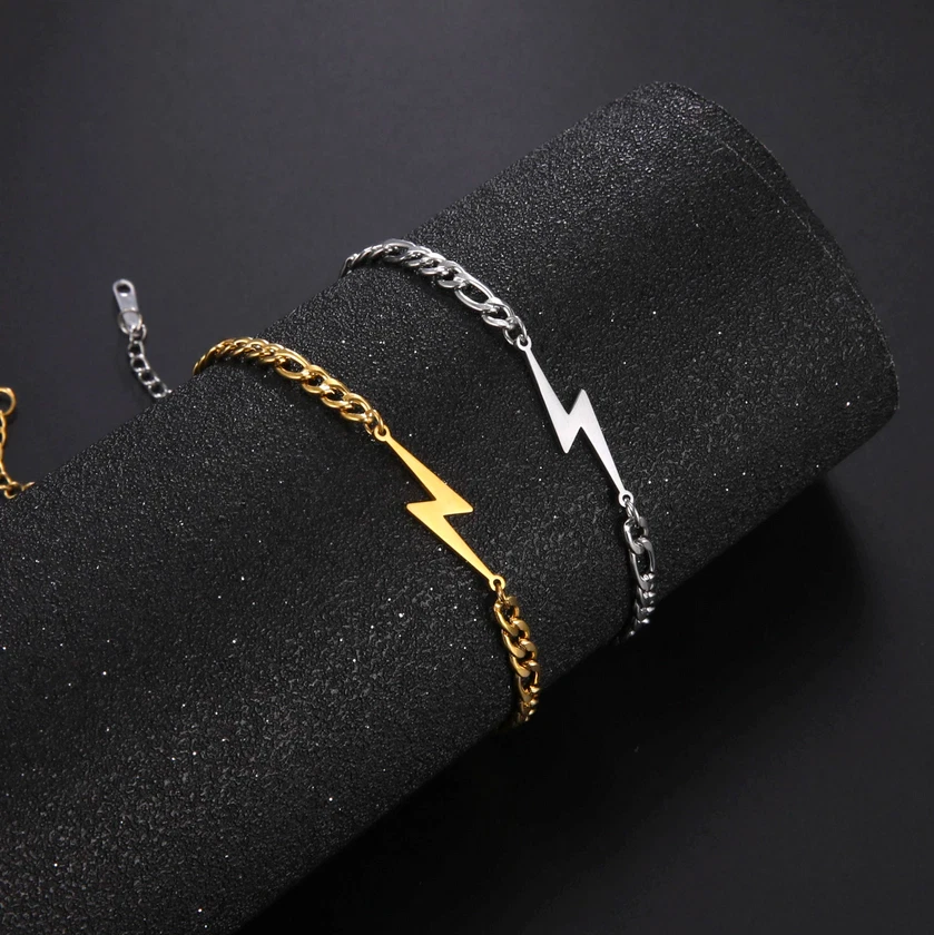 Quality Stainless Steel Figaro Link Super Lightning Bolt Pendant Chain Bracelet Foto 1 de 1