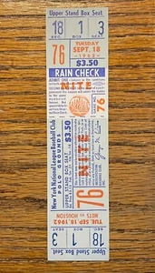 RARE FULL Ticket Polo Grounds NY Mets v the Houston Colt 45's September 18, 1962 - Picture 1 of 2