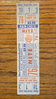 RARE FULL Ticket Polo Grounds NY Mets v the Houston Colt 45's September 18, 1962 - Image 1 of 2