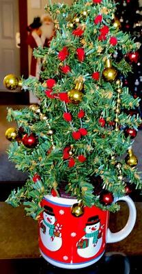 Vintage Artificial Tabletop Christmas Tree in Merry Christmas Ceramic Mug - Image 1 of 4