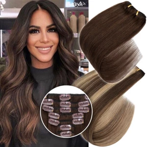 US 100% Human Hair Clip In Real Remy DOUBLE WEFT Hair Extensions Thick Full Head - Picture 1 of 50