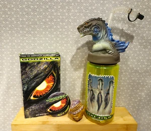 1998 Vintage Godzilla Figure Topper Sport Straw Water Bottle Pin Toy VHS Lot - Picture 1 of 22