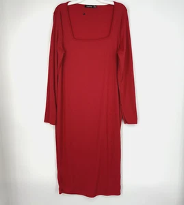 BooHoo Womens US Size 10 Midi Dress Red Rib Knit Square Neck Long Sleeves - Picture 1 of 8
