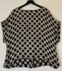 FLAX 100% Linen Top Sz Med Polka Dot Boxy Relaxed Black Gray Overlay Lagenlook - Picture 1 of 9