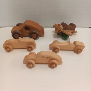 Handcrafted Miniature Wooden Toy Vehicle Set (4)  Cars ,  1 Plane - Picture 1 of 19