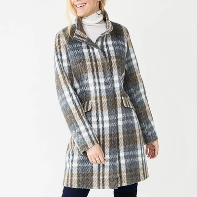 Nine West Gray Brown White Plaid Fuzzy Faux Wool Car Coat Jacket Size L - Image 1 of 4