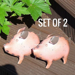 Pink Pig Garden Ornament Scrap Metal Lawn Patio Home Novelty Fun Decor Set Of 2 - Picture 1 of 8