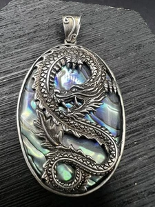 Sterling Silber Abalone 2,5" großer Drache Halskette Anhänger - Bild 1 von 6