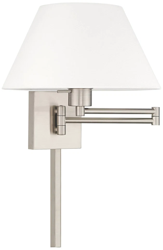 Brushed Nickel Swing Arm Wall Lamp w/ Off-White Empire Shade - Image 1 of 1