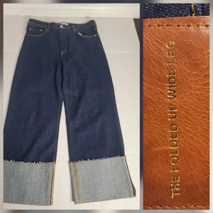 Jeans Zara donna TG 14 ripiegato gamba larga denim lavaggio scuro elasticizzato DIFETTOSO - Foto 1 di 11