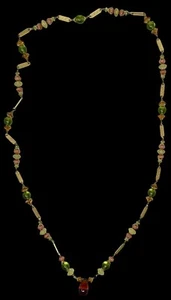 Colorful Glass Bead Necklace W/ Amber Pendant 40" Green Amber Coral Gold Accents - Picture 1 of 3