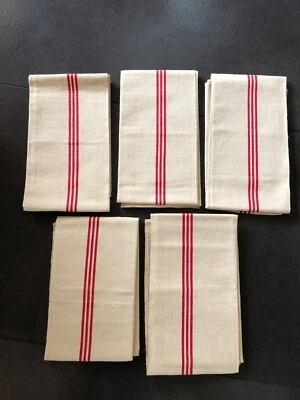 ❤️5  anciens Torchons  Vintage Lin chanvre  à liteau rouge neufs d 'époque  M4 - Photo 1/4