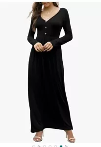 Womens Long Sleeve Black Maxi Dress Button Detail V-Neck Pockets Elegant Size S - Picture 1 of 11