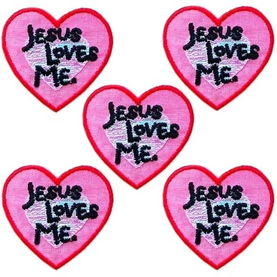 Jesus Loves Me Patches (5-Pack) Heart Embroidered Iron On Heart Patch Applique - Image 1 of 4