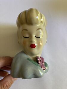 Vintage Glamour Girl Head Vase W/ Blue Top W/ Red Rose And Gold Earrings 4" Tall