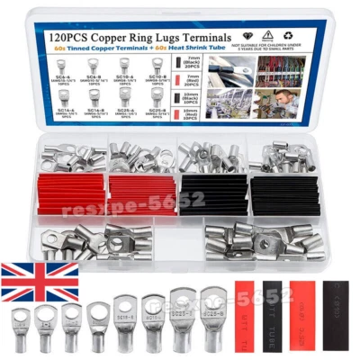 120PCS Battery Copper Cable Lugs Crimp Ring Terminals Electrical Wire Connectors