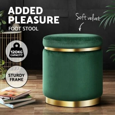 Round Velvet Ottoman Foot Stool Foot Rest Padded Seat Bedroom Footstool Green - image 1 of 4