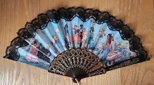 Spanish Fabric & Lace Folding Fan plastic handle Flamenco Dancers - Picture 1 of 10