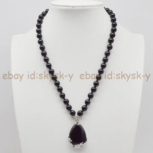 8mm Natural Black Agate Onyx Round Beads Teardrop Pendant Necklace 16-24'' - Picture 1 of 8