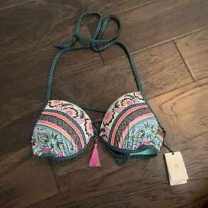 Shade & Shore Blue Boho Stripe Light Lift Tassel Bikini Top 34C - Picture 1 of 5