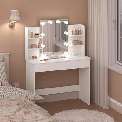 White Dressing Table Vanity Makeup Desk with Dimmable LED Bulbs Mirror 2 Drawers - Image 1 of 4