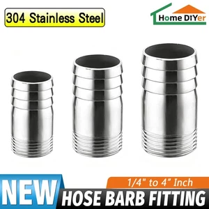 Stainless Steel Equal Hose Barb Adapter x 1/4" to 4" Male Thread Hose Nipple - Picture 1 of 9