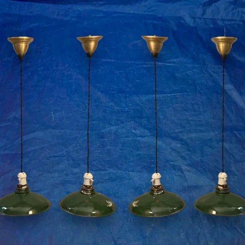 36” Long Set Of Four 4 Pendant Lights Brass Porcelain Green Shades 111B Cover