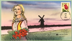 Bevil Hand Painted Dutch Girl w/Tulips Windmill 1991 29c F Stamp Flower Sc 2517 - Picture 1 of 5