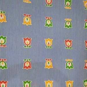 Green, Yellow, Red Tulips on Blue Pinstripe Concord Fabrics 41" x 44" + Scraps - Picture 1 of 3