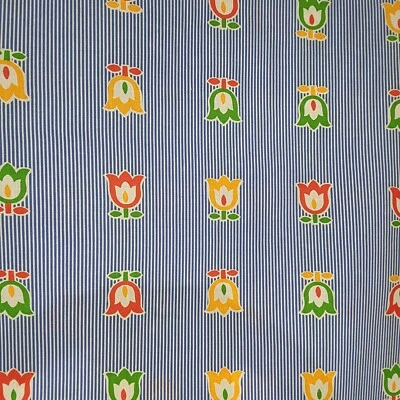 Green, Yellow, Red Tulips on Blue Pinstripe Concord Fabrics 41" x 44" + Scraps - Image 1 of 3