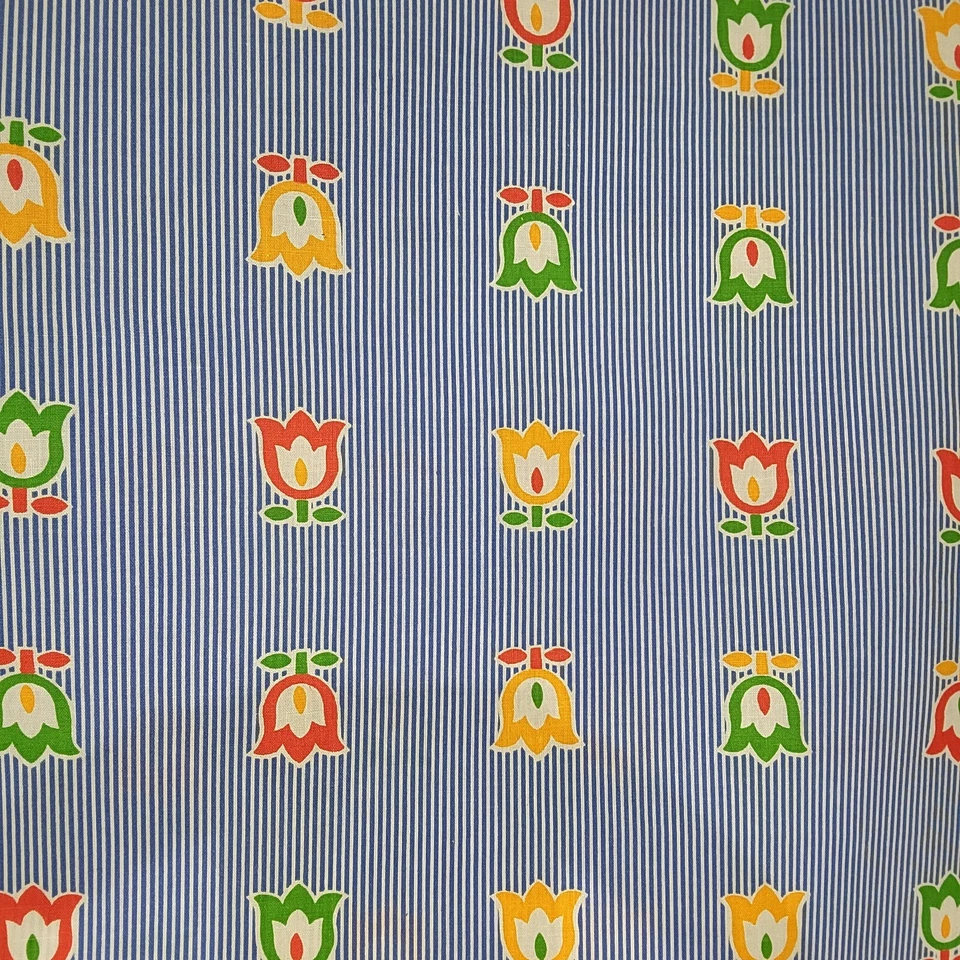 Green, Yellow, Red Tulips on Blue Pinstripe Concord Fabrics 41" x 44" + Scraps - Image 1 of 3