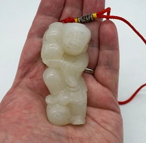 Chinesischer weißer Jadeit Jade geformter Amulett Anhänger glücklicher Mann mit doppeltem Kürbis - Bild 1 von 22