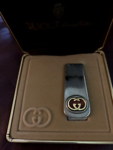 Vintage GUCCI MENS MONEY CLIP SILVER Accessory Collection Italy in Box Used