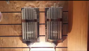 PAIR VINTAGE ART DECO METRO THEATRE LIGHT BRASS CASE GLASS ROD WALL SCONCES LAMP - Picture 1 of 6