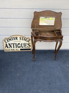 64699 Mahogany Flip Top Sewing Stand Vanity Desk Tooled Top - Picture 1 of 13