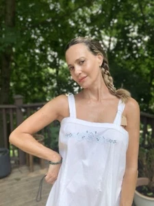 Victorian Underdress Cotton Embroidered - Antique Slip Dress -Antique Nightie XL - Picture 1 of 24